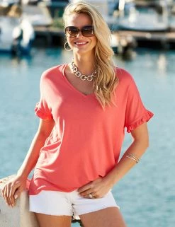 SOSANDAR Women Modal Rich V-Neck Frill Detail T-Shirt