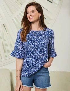 SOSANDAR Shirts & Blouses Animal Print Ruffle Short Sleeve Blouse