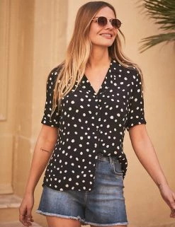 SOSANDAR Shirts & Blouses Polka Dot Collared Short Sleeve Shirt