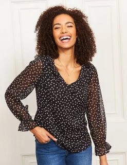 SOSANDAR Shirts & Blouses Polka Dot V-Neck Ruffle Long Sleeve Blouse