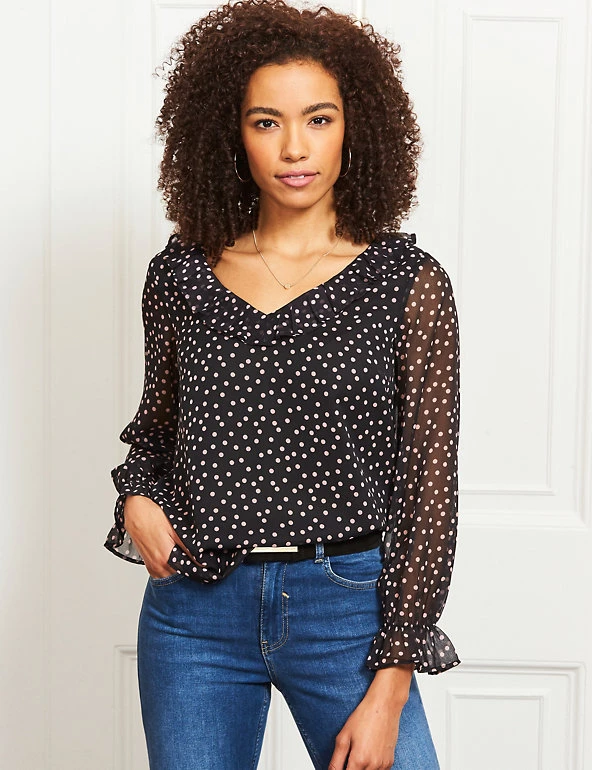SOSANDAR Shirts & Blouses Polka Dot V-Neck Ruffle Long Sleeve Blouse - Image 2