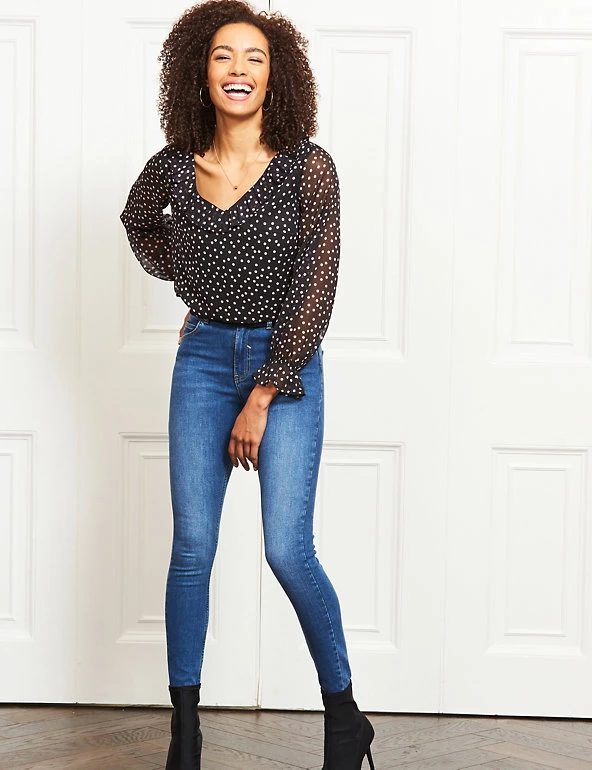 SOSANDAR Shirts & Blouses Polka Dot V-Neck Ruffle Long Sleeve Blouse - Image 4
