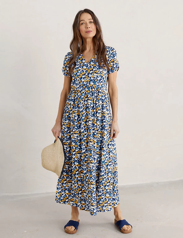 Seasalt Cornwall Dresses Cotton Rich Printed V-Neck Midaxi Tea Dress