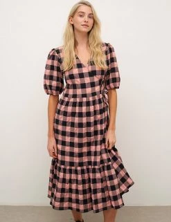 Nobody's Child Dresses Gingham V-Neck Tie Detail Midaxi Wrap Dress