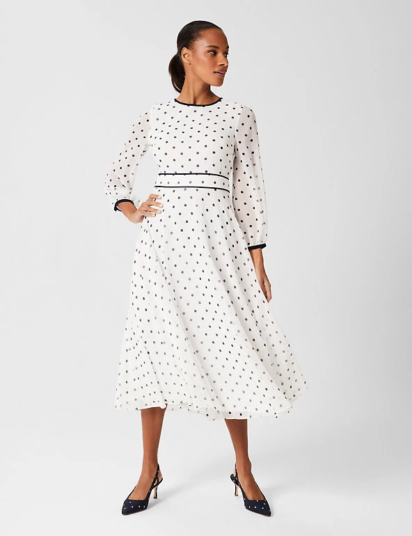 HOBBS Dresses Polka Dot Round Neck Midi Waisted Dress