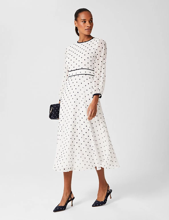 HOBBS Dresses Polka Dot Round Neck Midi Waisted Dress - Image 6
