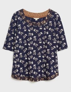 White Stuff Women Pure Cotton Floral V-Neck T-Shirt