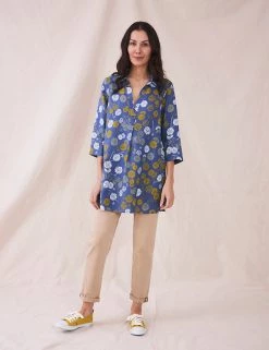 White Stuff Tunics Pure Linen Floral Collared 3/4 Sleeve Tunic