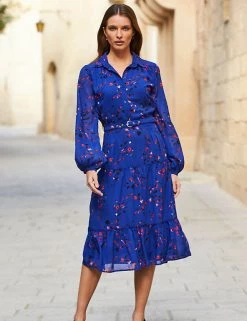 SOSANDAR Dresses Floral Belted Midi Shirt Dress