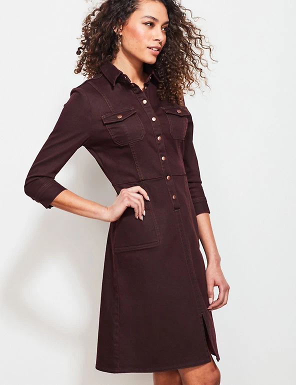 SOSANDAR Dresses Denim Button Front Knee Length Skater Dress - Image 4