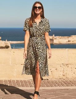 SOSANDAR Dresses Animal Print Belted Knee Length Shirt Dress