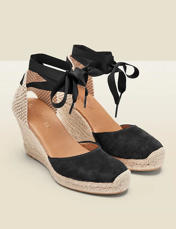 SOSANDAR Sandals Suede Lace Up Wedge Espadrilles
