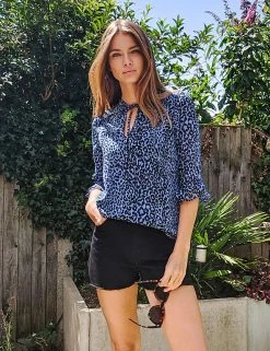 SOSANDAR Shirts & Blouses Animal Print Tie Neck Ruffle Blouse