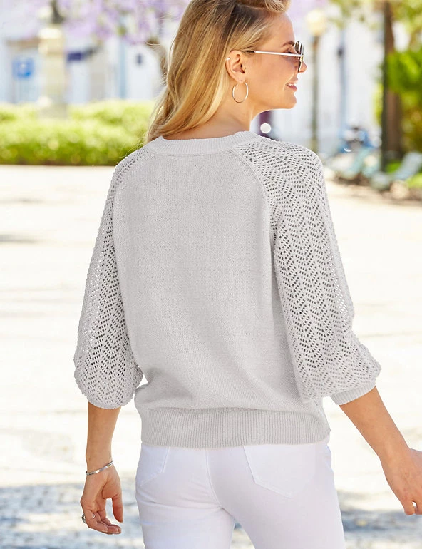 SOSANDAR Jumpers Pointelle V-Neck Blouson Sleeve Jumper - Image 3