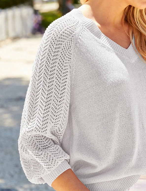 SOSANDAR Jumpers Pointelle V-Neck Blouson Sleeve Jumper - Image 4