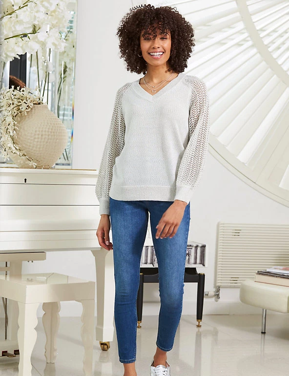 SOSANDAR Jumpers Pointelle V-Neck Blouson Sleeve Jumper - Image 5