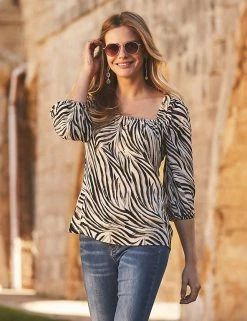 SOSANDAR Shirts & Blouses Animal Print Square Neck Puff Sleeve Blouse