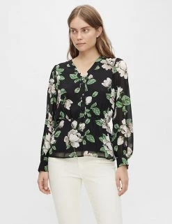 OBJECT Tops Floral V-Neck Long Sleeve Blouse