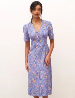 Nobody's Child Dresses Pure Cotton Floral V-Neck Midi Tea Dress