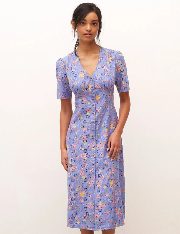 Nobody's Child Dresses Pure Cotton Floral V-Neck Midi Tea Dress