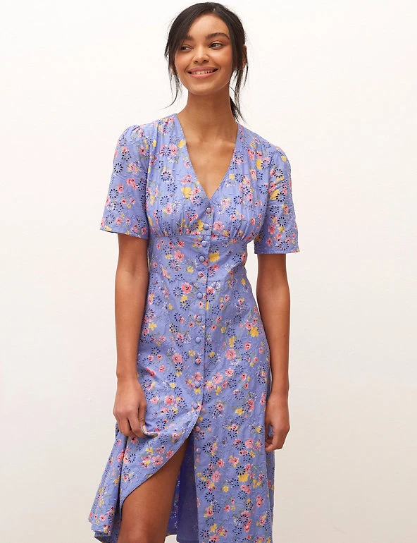 Nobody's Child Dresses Pure Cotton Floral V-Neck Midi Tea Dress - Image 2