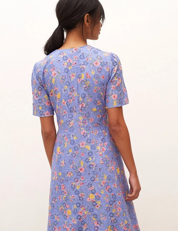 Nobody's Child Dresses Pure Cotton Floral V-Neck Midi Tea Dress - Image 3