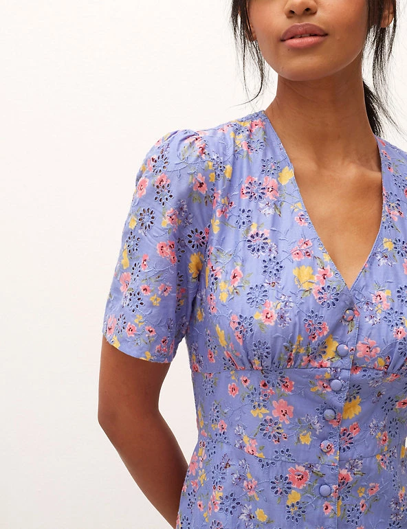 Nobody's Child Dresses Pure Cotton Floral V-Neck Midi Tea Dress - Image 4