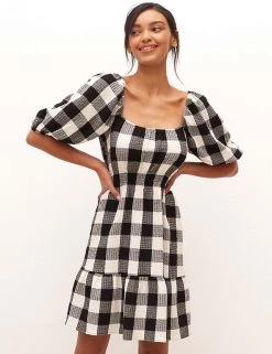 Nobody's Child Dresses Checked Square Neck Mini Smock Dress