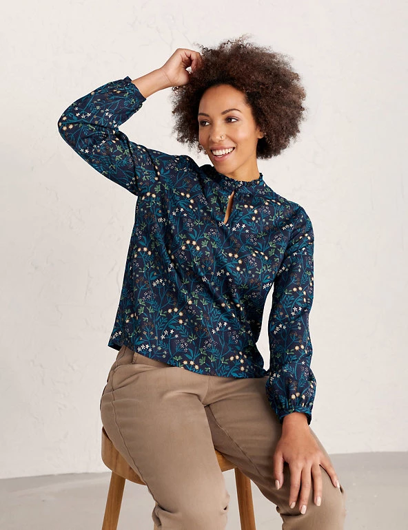 Seasalt Cornwall Shirts & Blouses Cotton Rich Floral High Neck Blouse