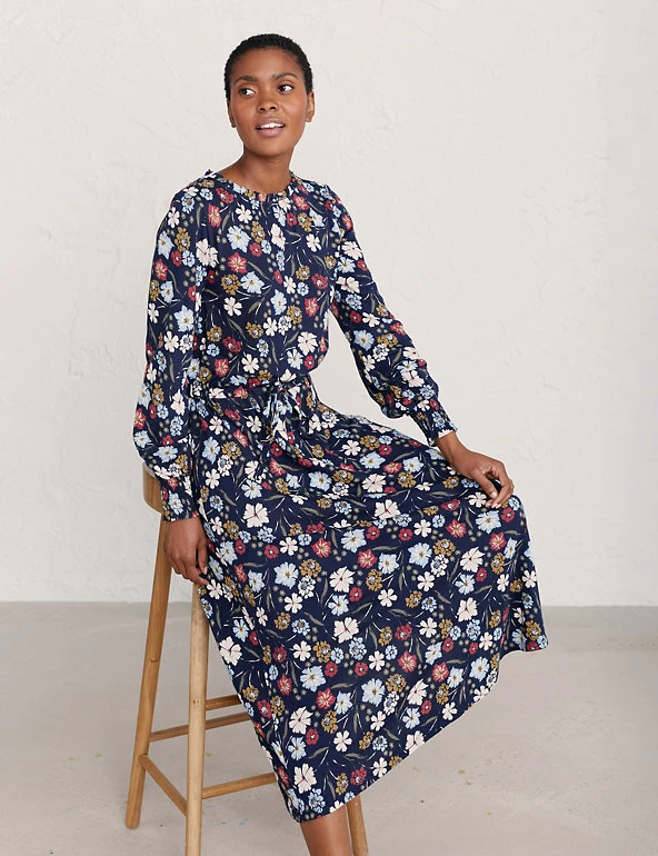 Seasalt Cornwall Dresses Cotton Rich Floral Midi Waisted Dress