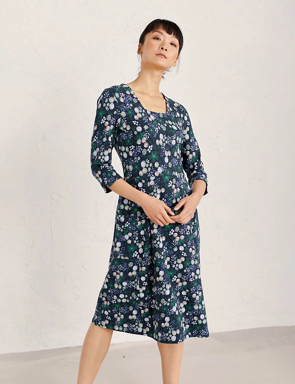 Seasalt Cornwall Dresses Organic Cotton Floral Midi Skater Dress - Image 3