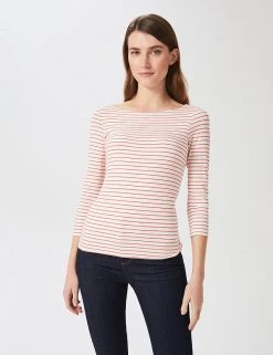HOBBS Women Jersey Striped Slash Neck 3/4 Sleeve Top