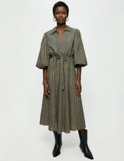 Jigsaw Dresses Gingham V-Neck Midaxi Shirt Dress