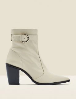 SOSANDAR Leather Western Buckle Pointed Ankle Boots