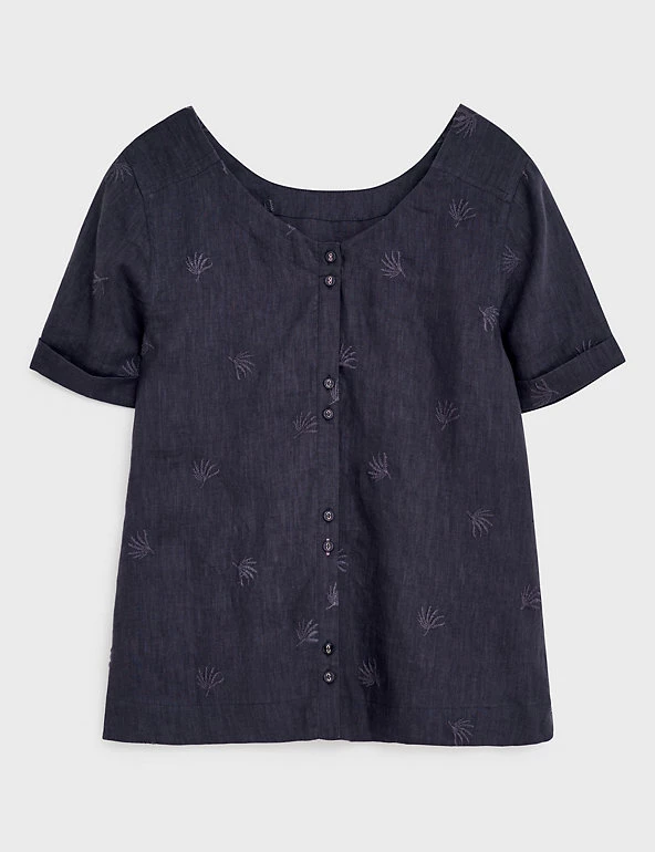 White Stuff Women Pure Linen Embroidered Short Sleeve Top - Image 5