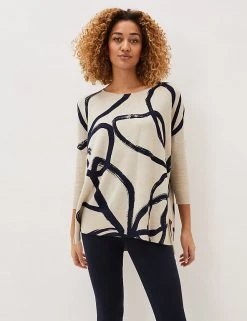 Phase Eight Jumpers Linen Blend Abstract Print Crew Neck Jumper