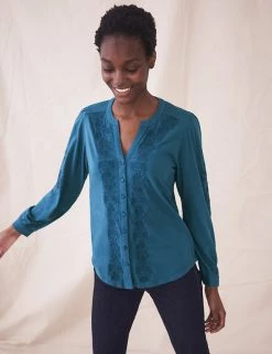 White Stuff Shirts & Blouses Pure Cotton Embroidered V-Neck Shirt