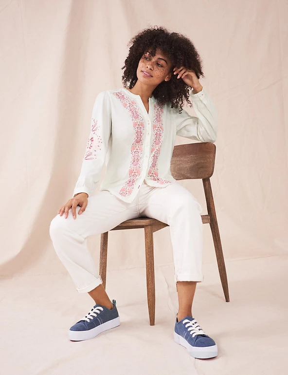 White Stuff Shirts & Blouses Pure Cotton Embroidered V-Neck Shirt - Image 6