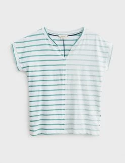 White Stuff Women Pure Cotton Striped V-Neck T-Shirt