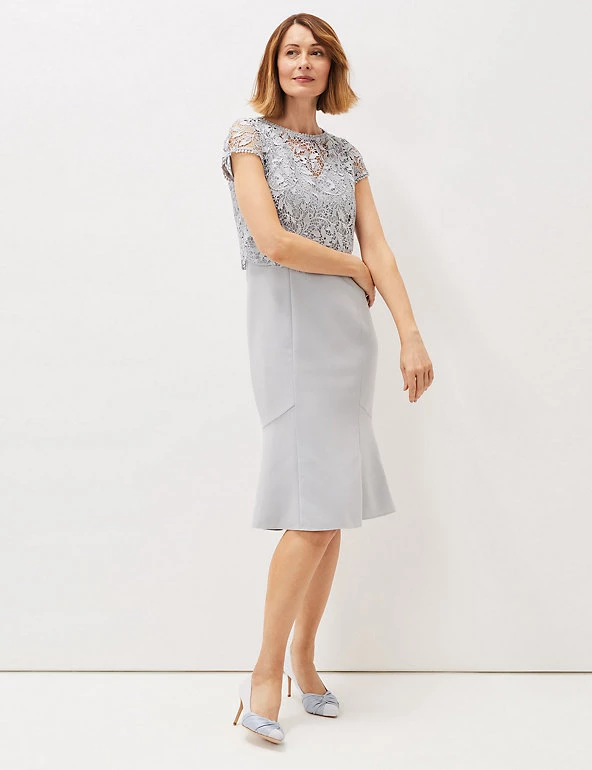 Phase Eight Dresses Floral Lace Short Sleeve Midi Bodycon Dress