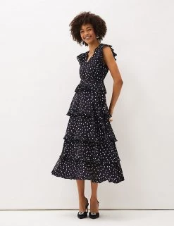 Phase Eight Dresses Spot Print V-Neck Midaxi Tiered Dress