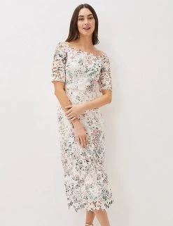 Phase Eight Dresses Floral Lace Bardot Midi Dress