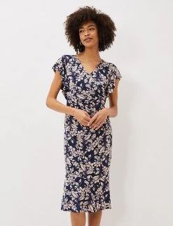 Phase Eight Dresses Floral Print V-Neck Knee Length Shift Dress