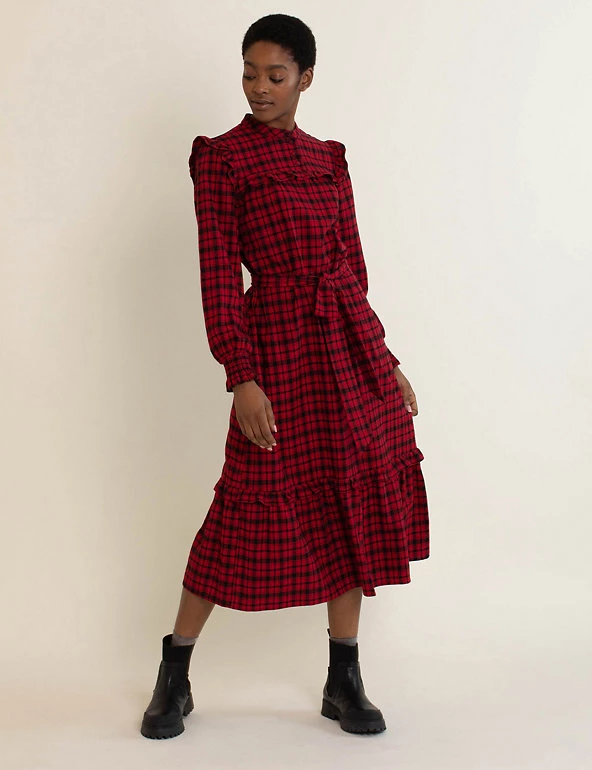 Albaray Dresses Pure Cotton Checked Midi Swing Dress