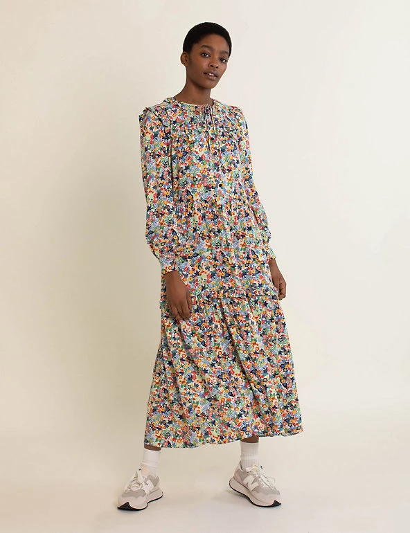 Albaray Dresses Floral Tie Neck Midi Tiered Dress