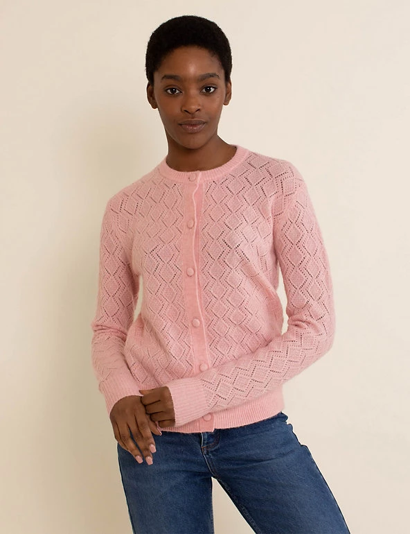 Albaray Cardigans Pointelle Crew Neck Cardigan With Wool