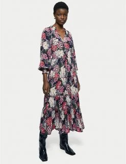 Jigsaw Dresses Floral V-Neck Tie Waist Midaxi Tiered Dress