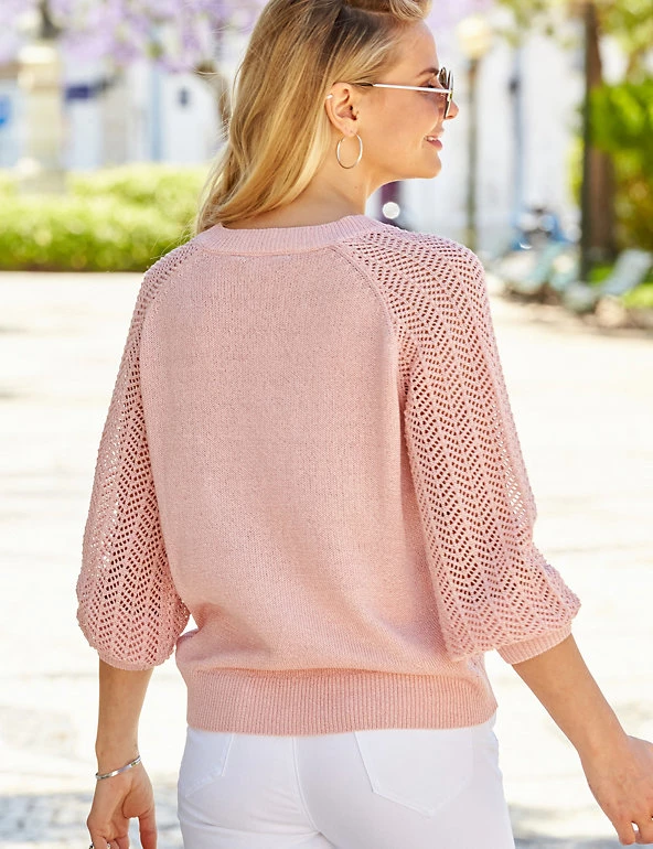 SOSANDAR Jumpers Pointelle V-Neck Blouson Sleeve Jumper - Image 7