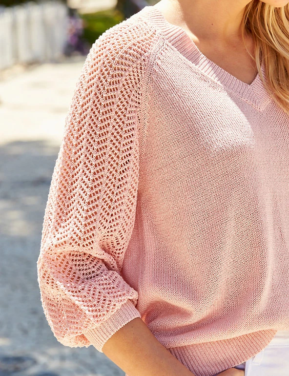SOSANDAR Jumpers Pointelle V-Neck Blouson Sleeve Jumper - Image 9