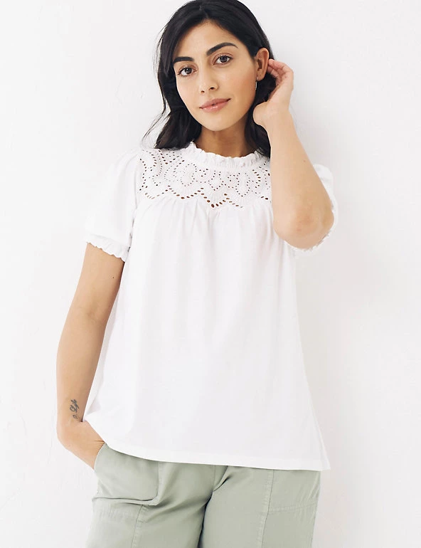 FatFace Women Cotton Modal Blend Broderie Puff Sleeve Top